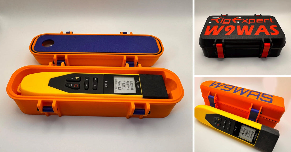 RigExpert Stick cases: Slim case open with the analyzer, black Large Storage case and orange Upgraded case