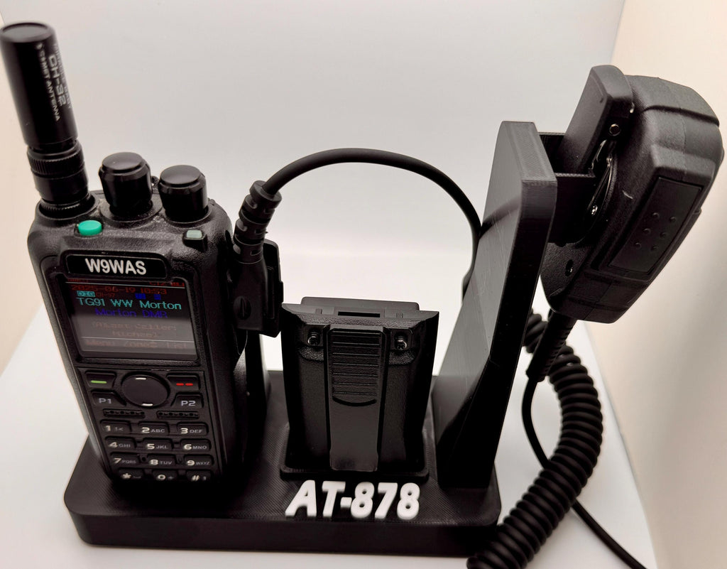 AnyTone AT-878 desk stand – radio and spare battery angled