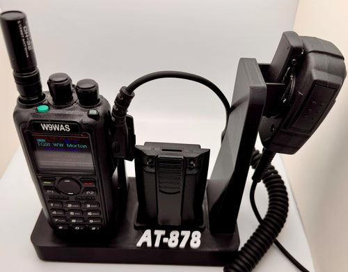 AnyTone AT-878 desk stand – radio and spare battery angled