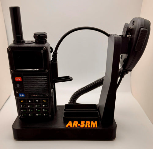 Baofeng AR-5RM desk stand – front view with radio