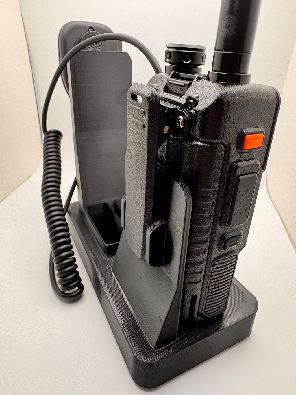 Baofeng AR-5RM desk stand – side view with radio