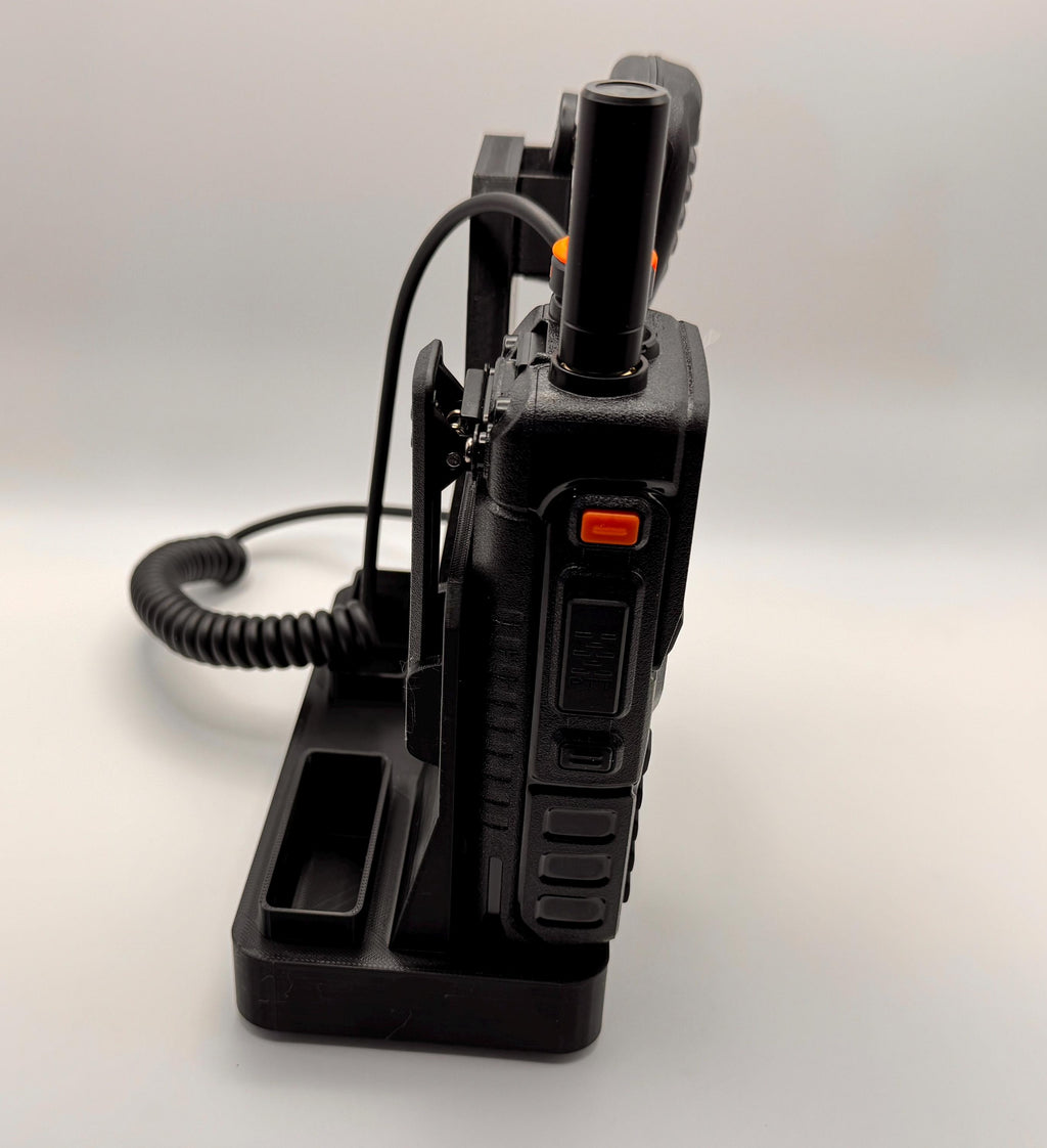 Baofeng K5 Plus desk stand with forward-facing mic – radio and batteries rear angle