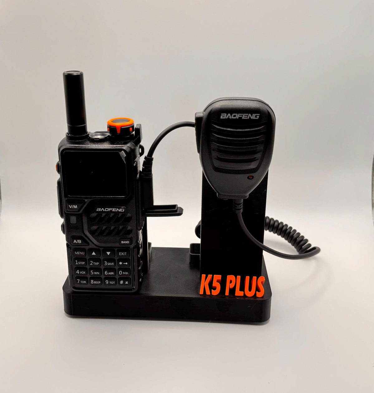 Baofeng K5 Plus desk stand with forward-facing mic – with radio and speaker mic