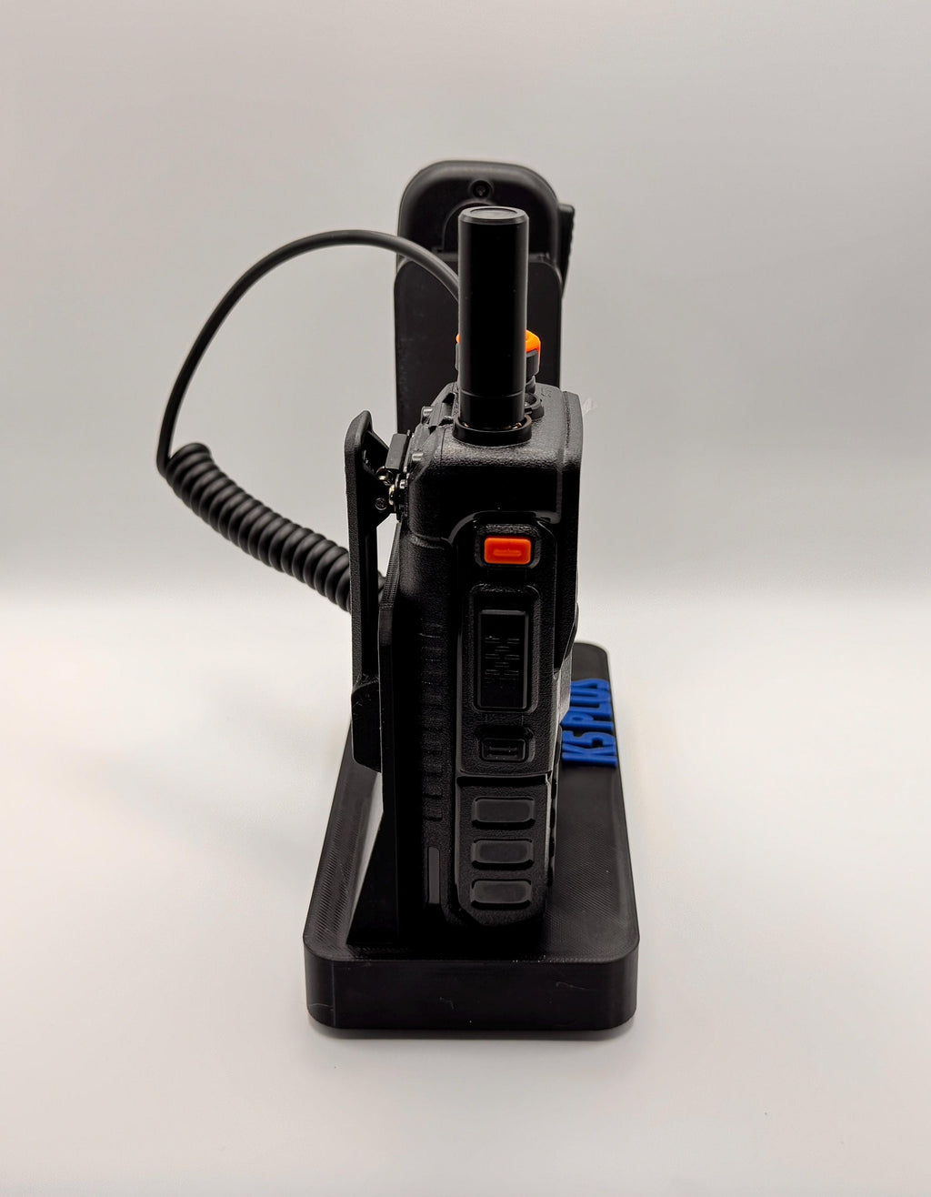 Baofeng K5 Plus desk stand with side-facing mic – end view with radio