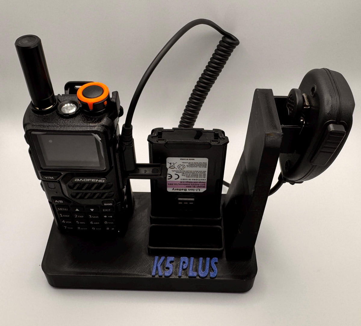 Baofeng K5 Plus desk stand with side-facing mic – radio and spare battery
