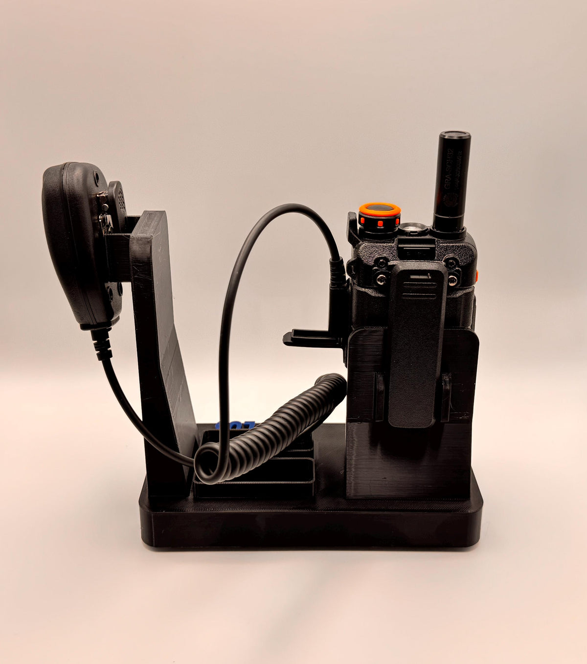 Baofeng K5 Plus desk stand with side-facing mic – rear view with mic cord