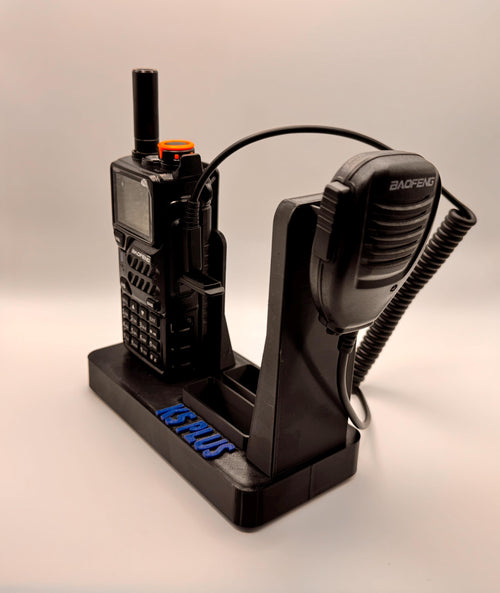 Baofeng K5 Plus desk stand with side-facing mic – side view with mic