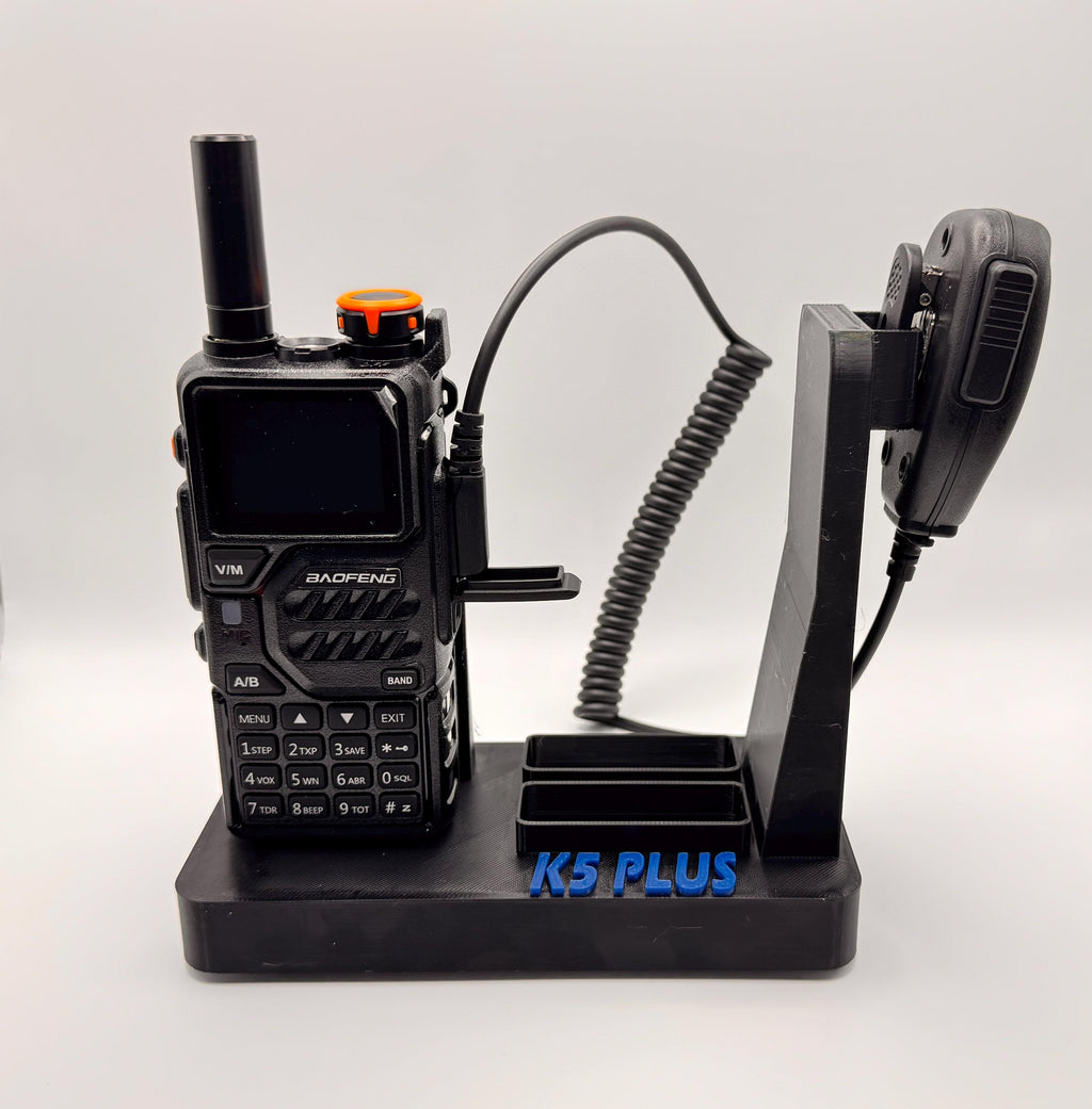 Baofeng K5 Plus desk stand with side-facing mic – with radio and speaker mic