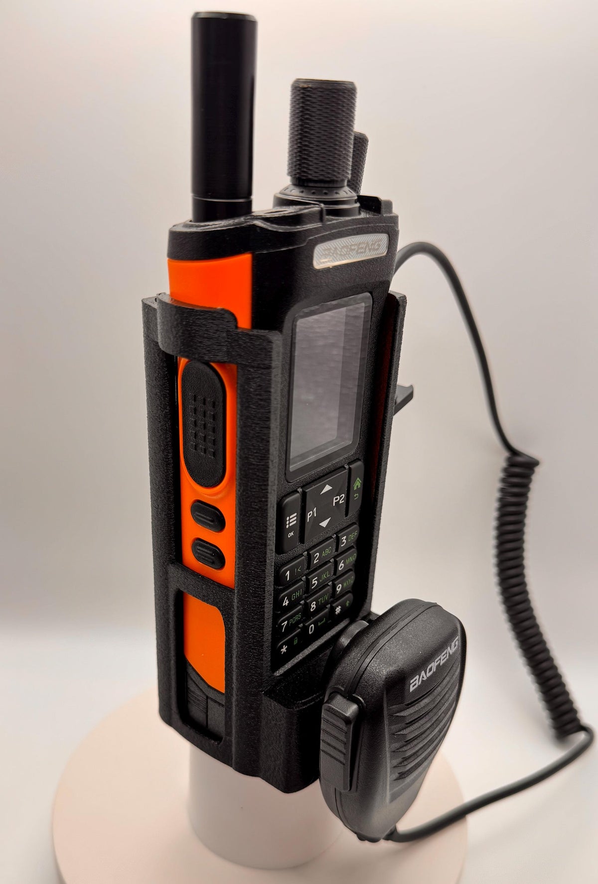Baofeng UV-32 / DM-32 Holster with Speaker Mic Mount – orange with radio side
