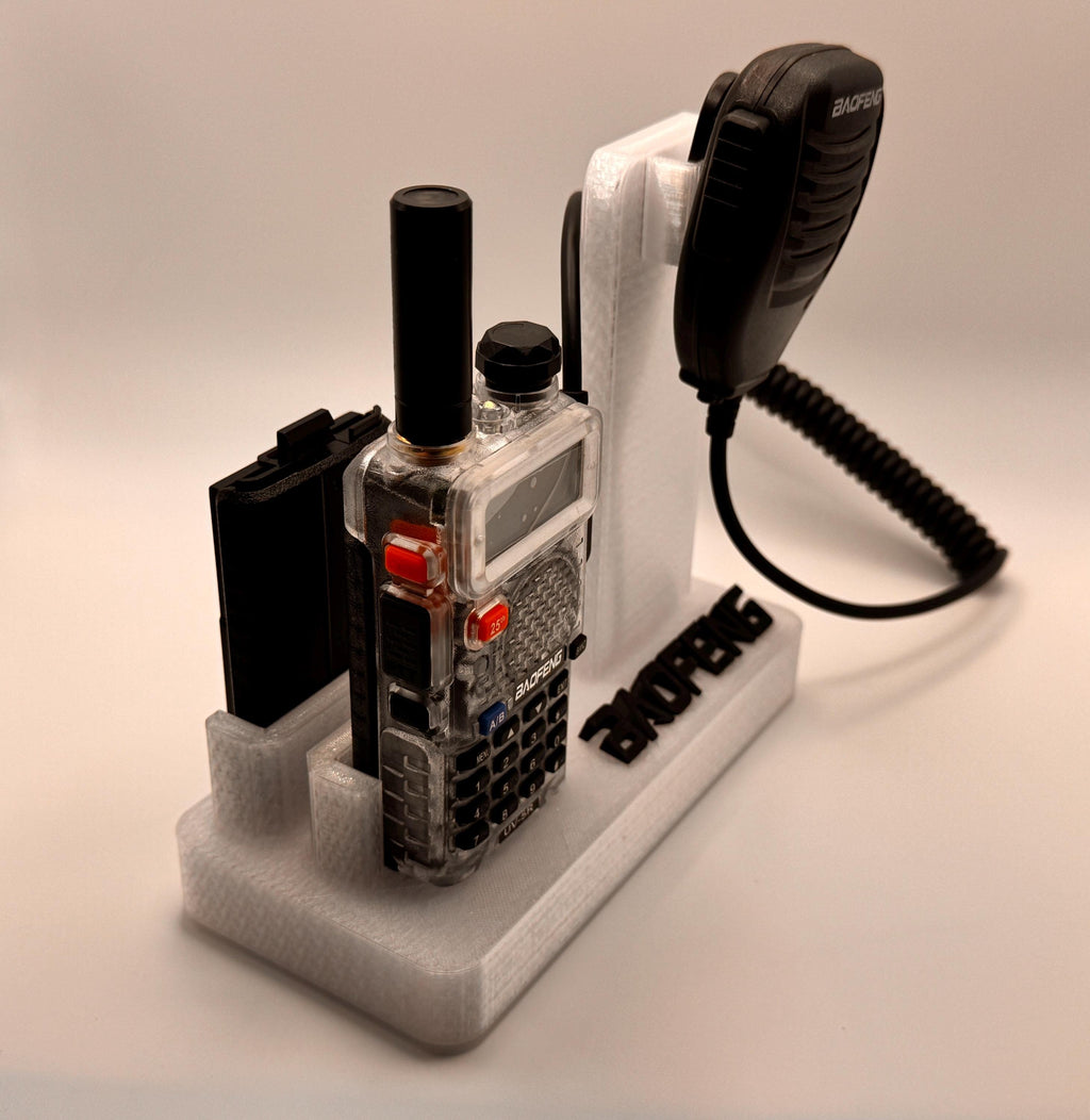 Baofeng UV-5R 25th anniversary transparent desk stand – radio side view