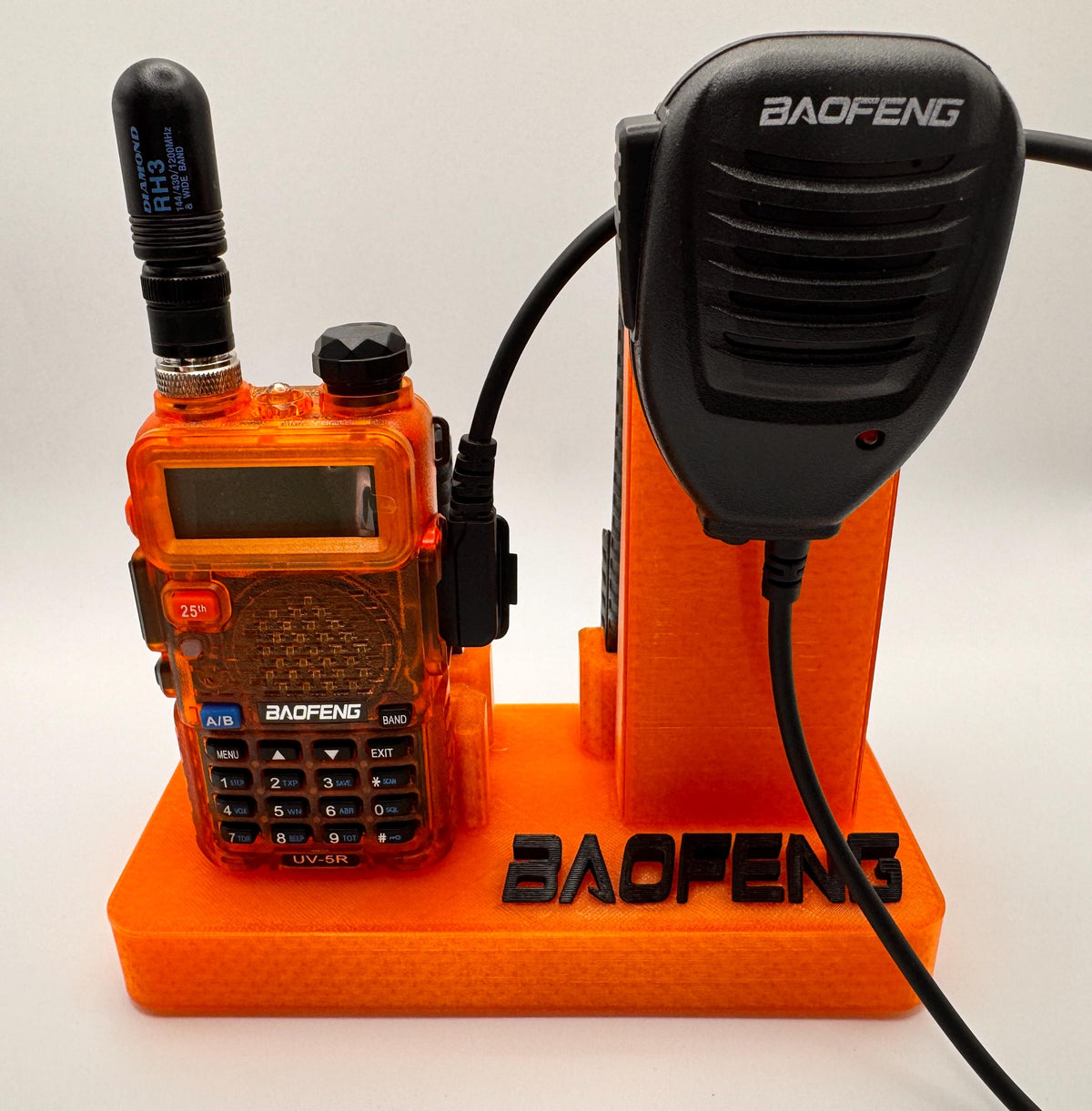 Baofeng UV-5R 25th anniversary transparent orange desk stand – speaker mic and logo