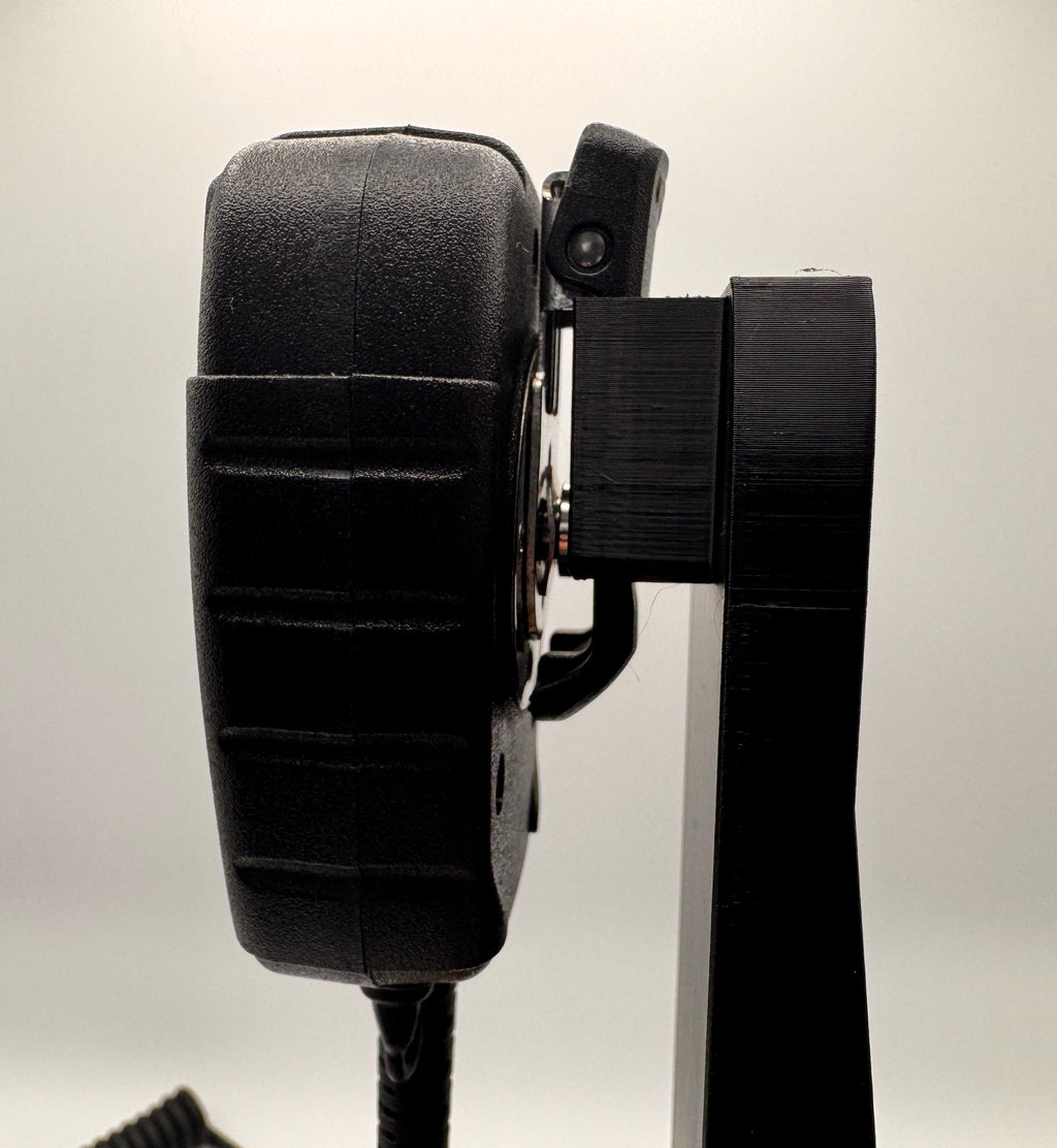 Custom callsign hand microphone desk stand – mic clip close-up