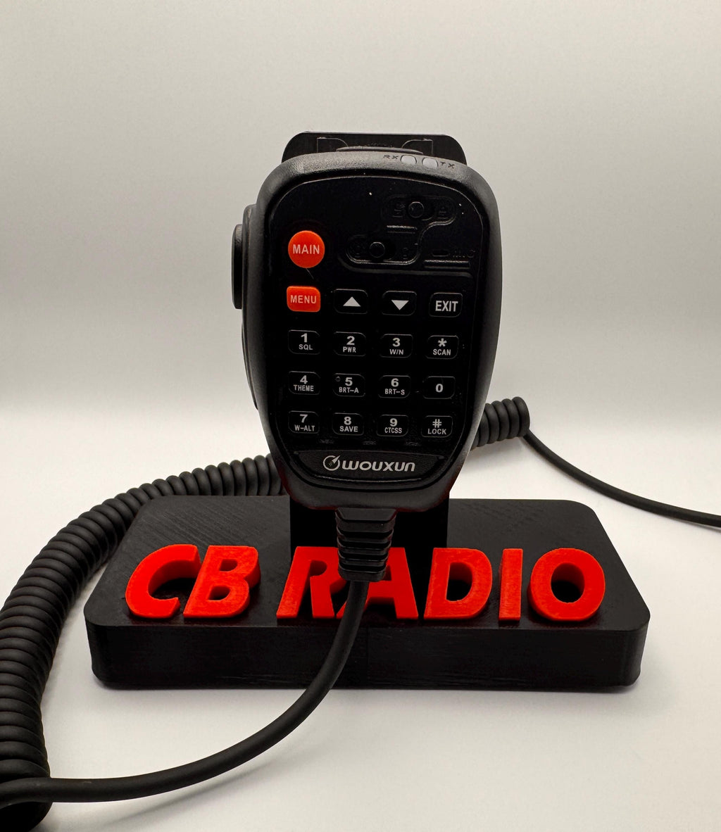 Custom callsign hand microphone desk stand – short stand red lettering with mic