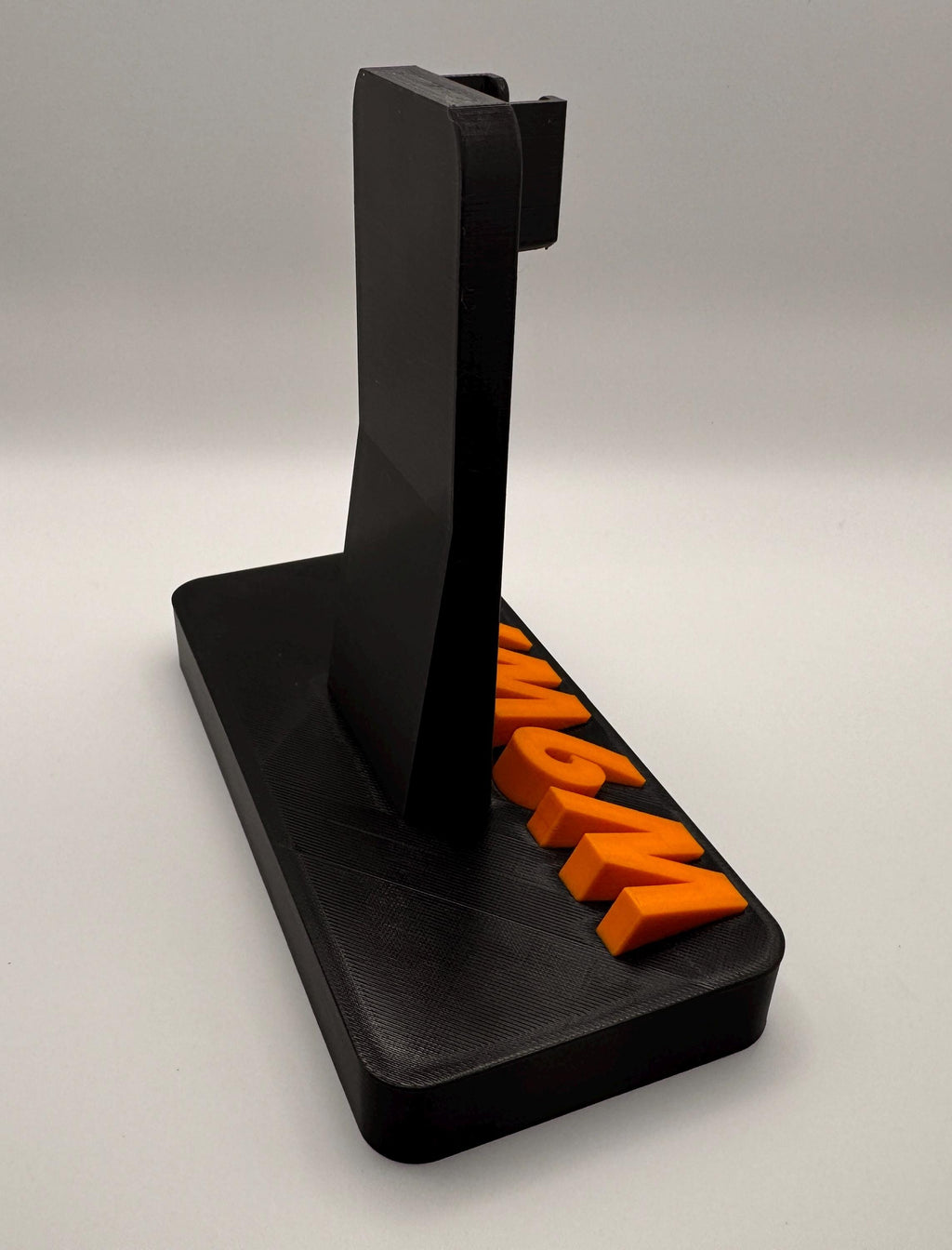 Custom callsign hand microphone desk stand – tall stand angled view