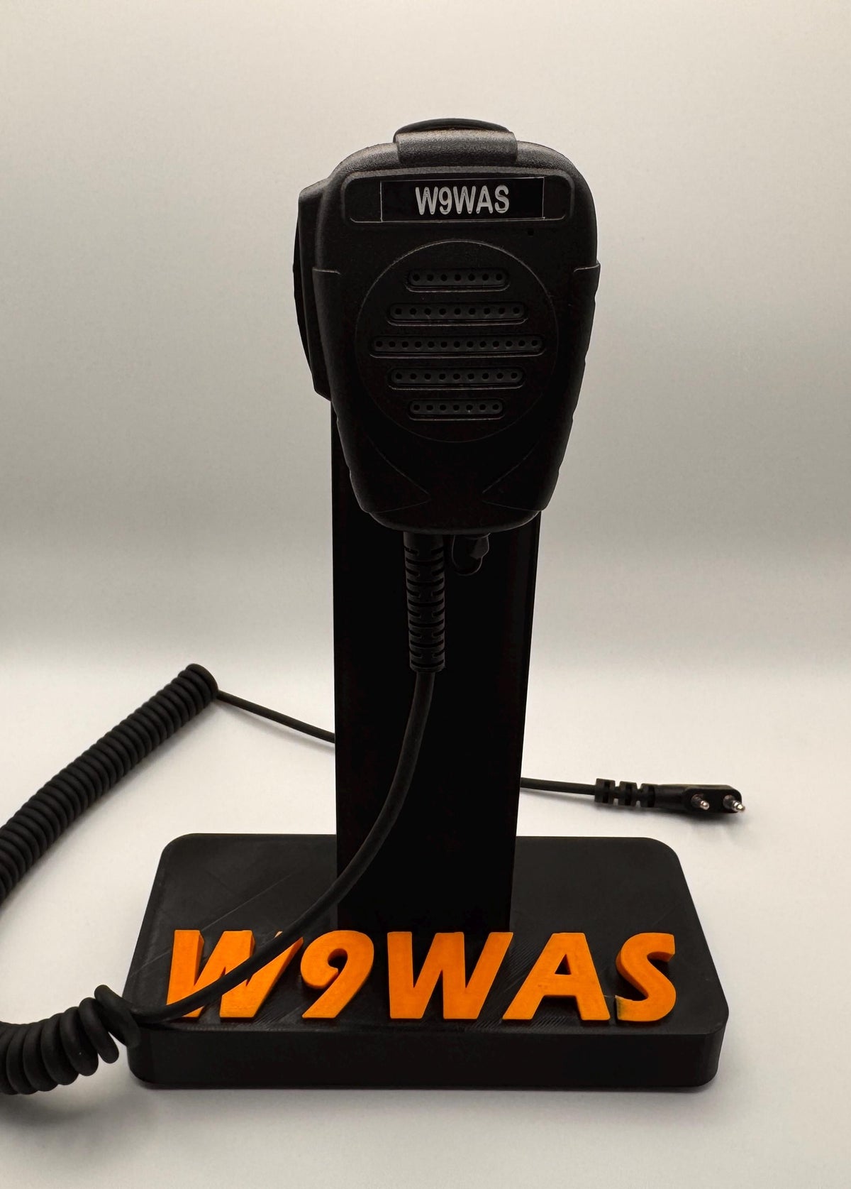 Custom callsign hand microphone desk stand – tall stand front with mic