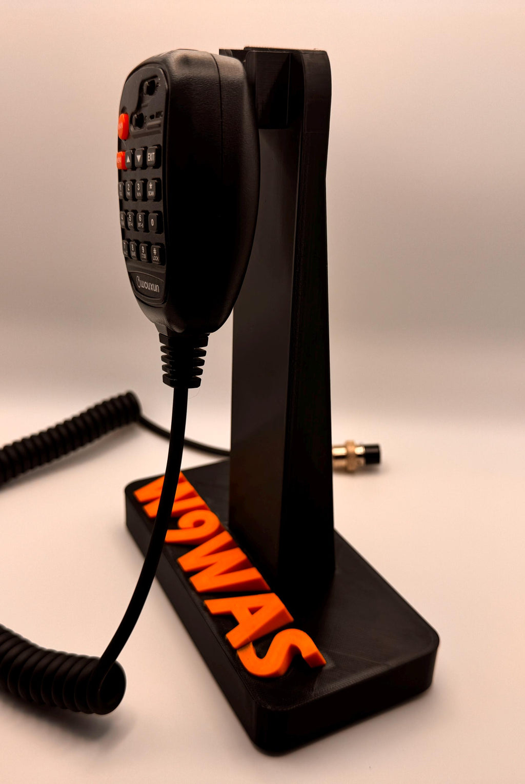 Custom callsign hand microphone desk stand – tall stand side view with mic