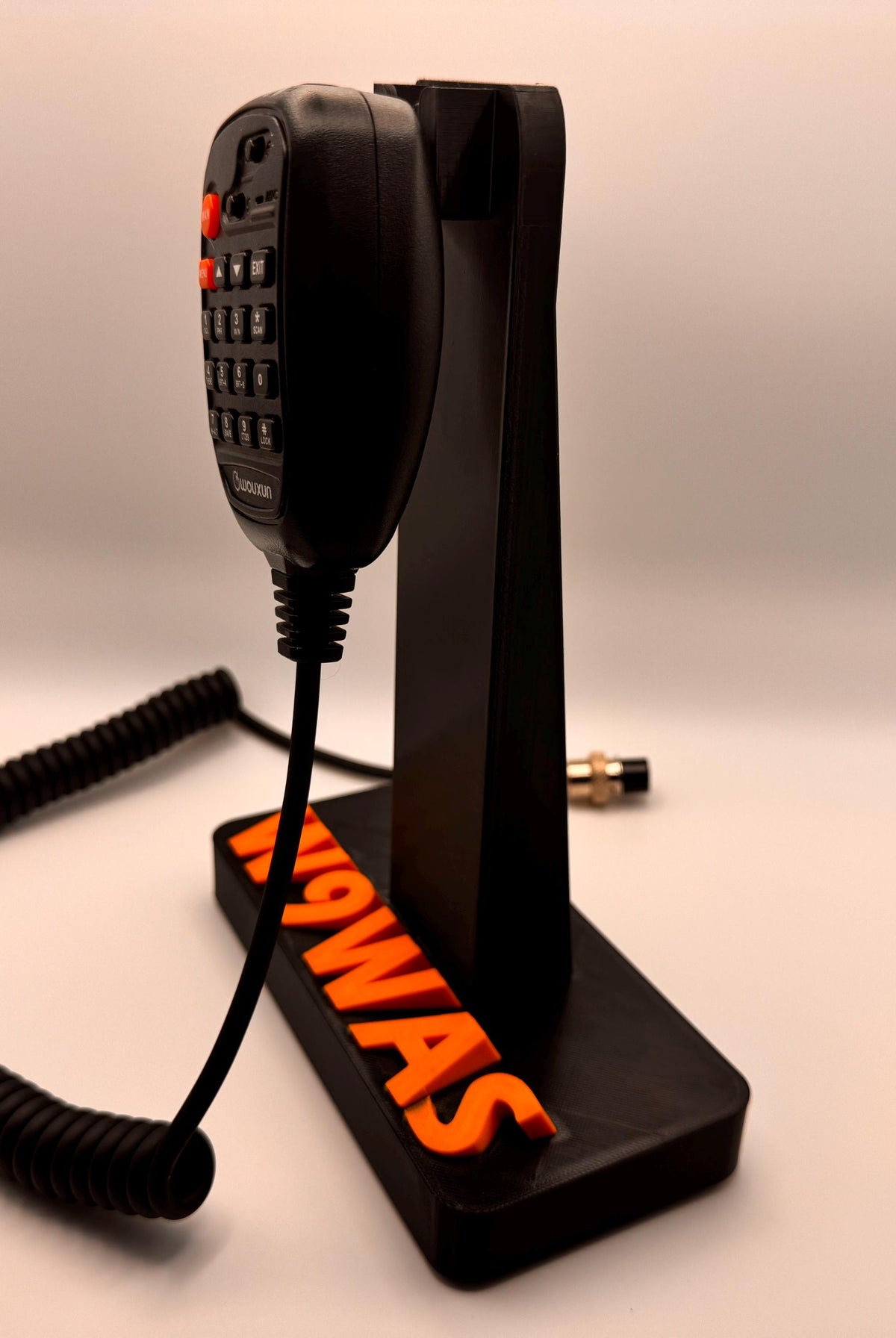 Custom callsign hand microphone desk stand – tall stand side view with mic