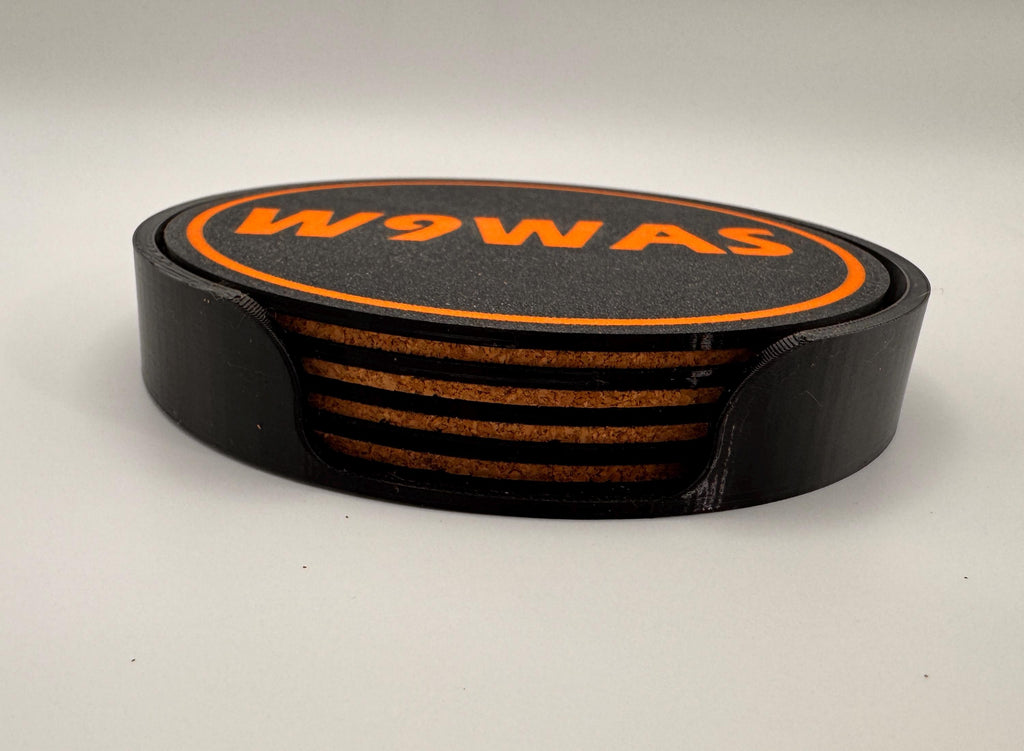 Custom Callsign Coaster Set – stacked in holder