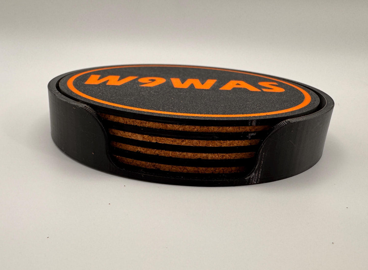 Custom Callsign Coaster Set – stacked in holder