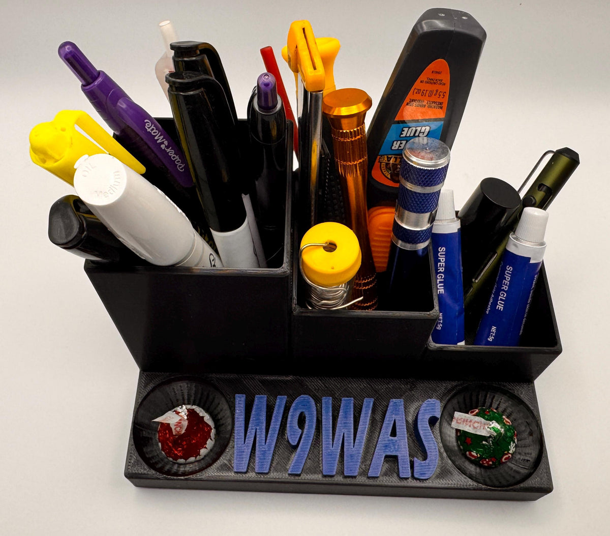 Custom Callsign Desk Organizer – filled blue lettering
