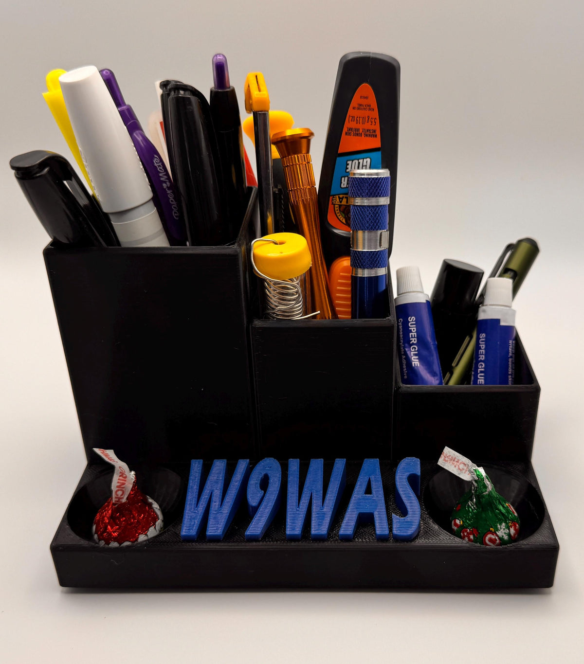 Custom Callsign Desk Organizer – filled with tools front