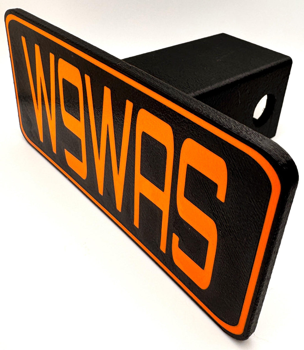Custom Callsign Trailer Hitch Cover – orange callsign angled