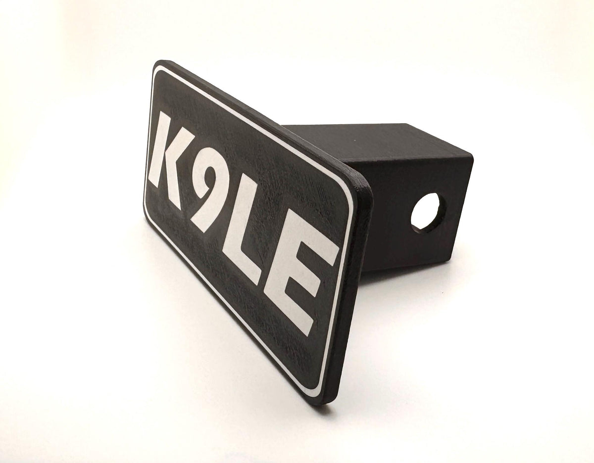 Custom Callsign Trailer Hitch Cover – white callsign angled