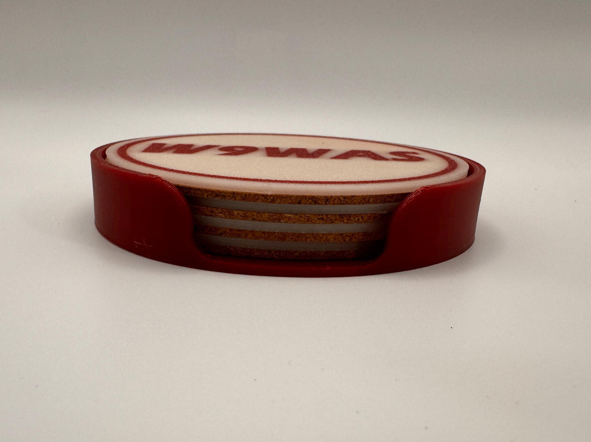 Glow-in-the-Dark Callsign Coaster Set – stacked in red holder