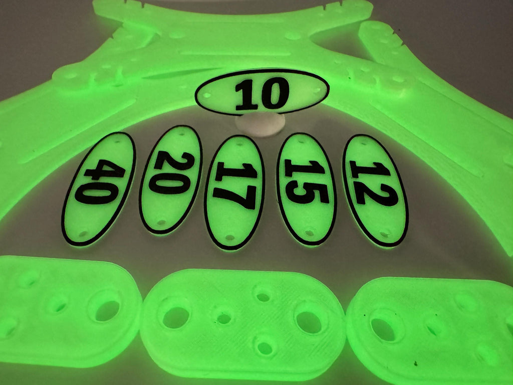 Glow-in-the-Dark Portable Antenna Kit – 10, 12, 15, 17, 20 and 40 meter band markers glowing, close-up