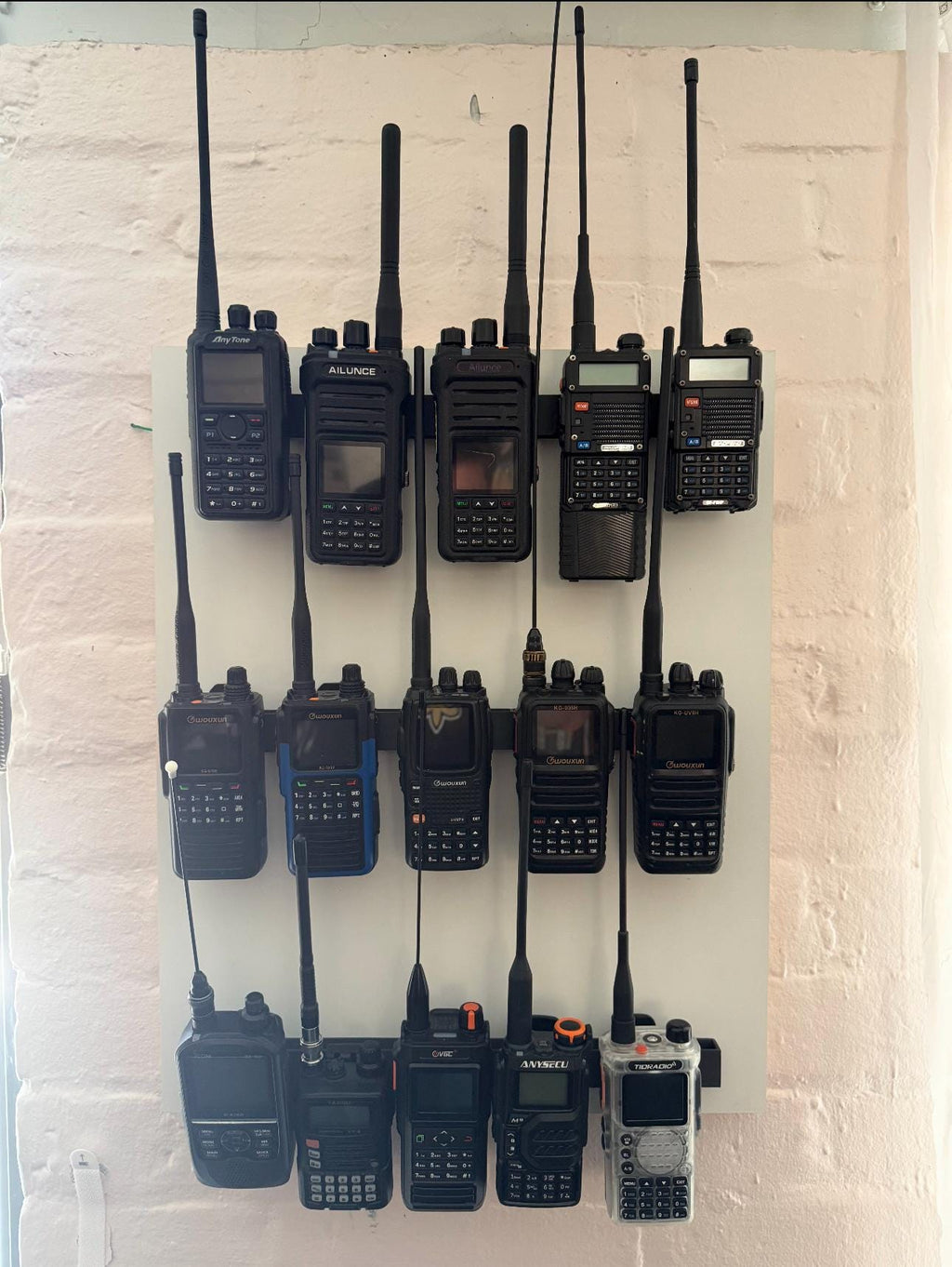 Ham Radio Mic & HT Wall Mount – five radios on wall