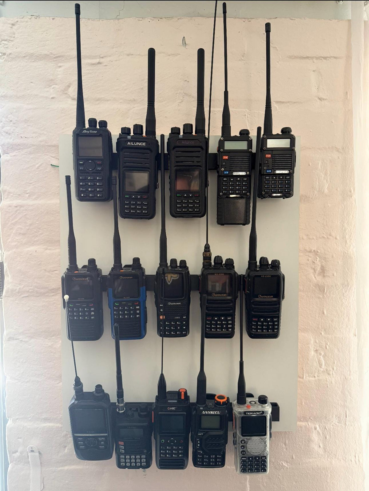 Ham Radio Mic & HT Wall Mount – five radios on wall