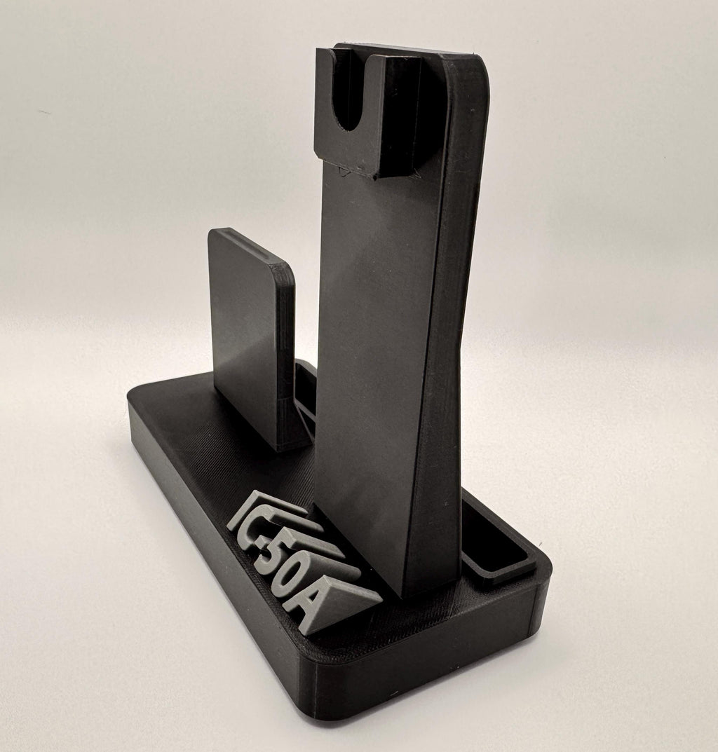 Icom ID-52 desk stand with forward-facing speaker mic – empty stand side view