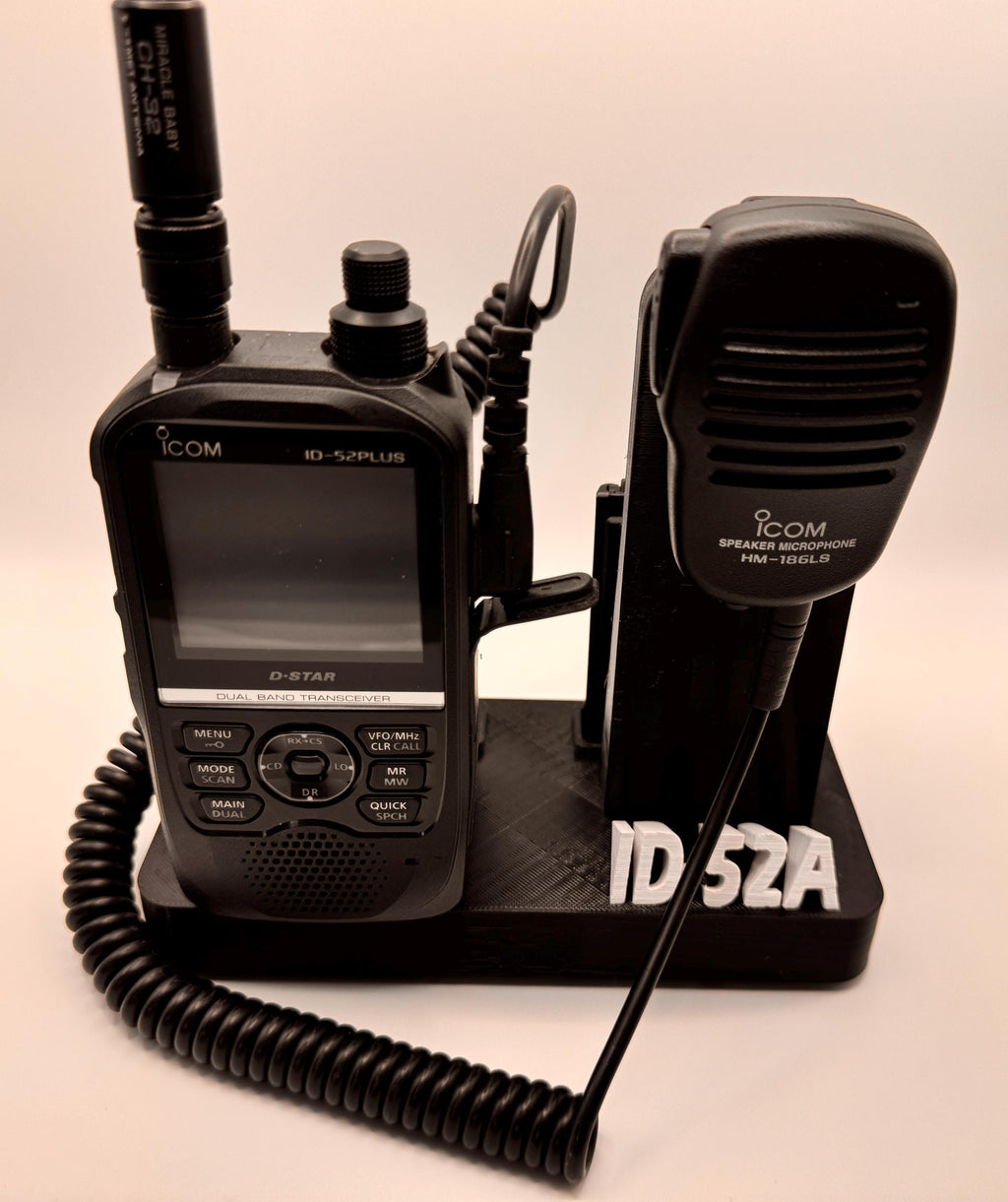 Icom ID-52 desk stand with forward-facing speaker mic – front view with radio and mic