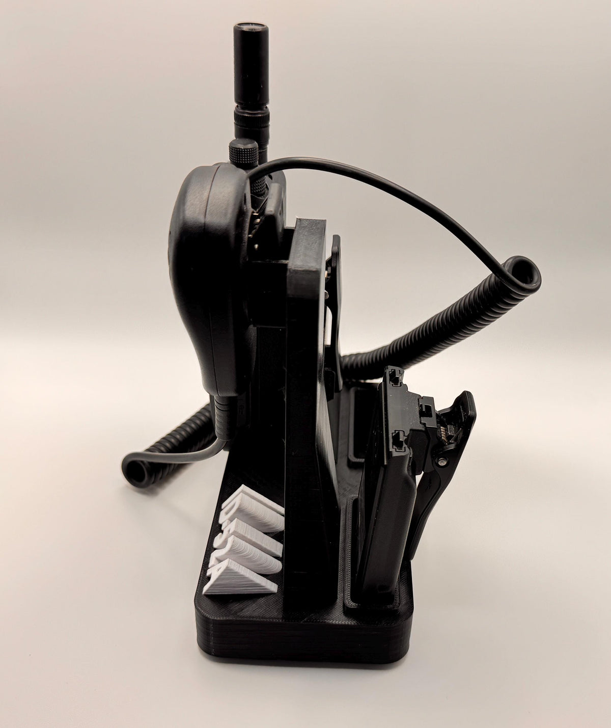 Icom ID-52 desk stand with forward-facing speaker mic – radio and mic rear angle