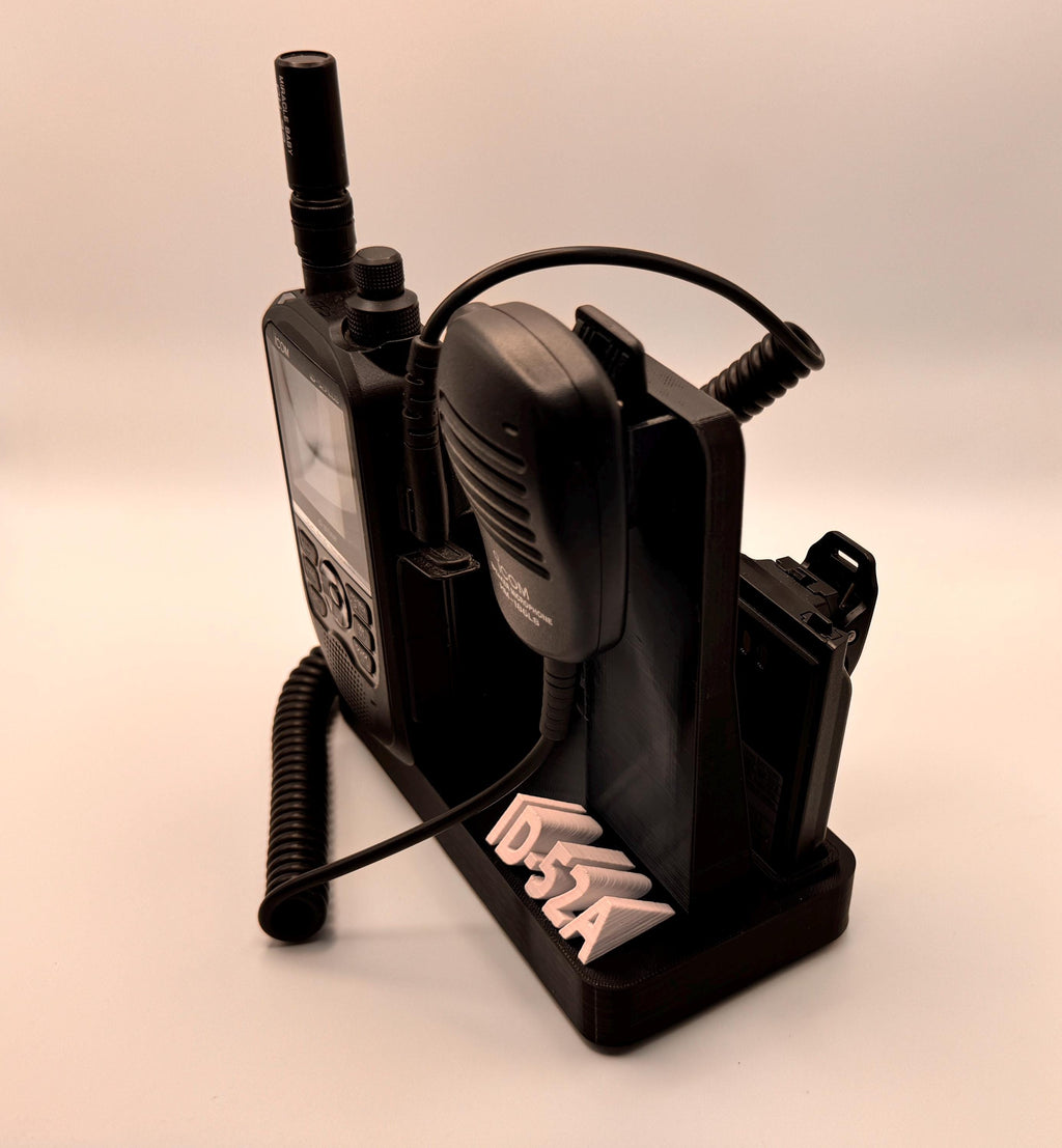 Icom ID-52 desk stand with forward-facing speaker mic – radio and mic side view