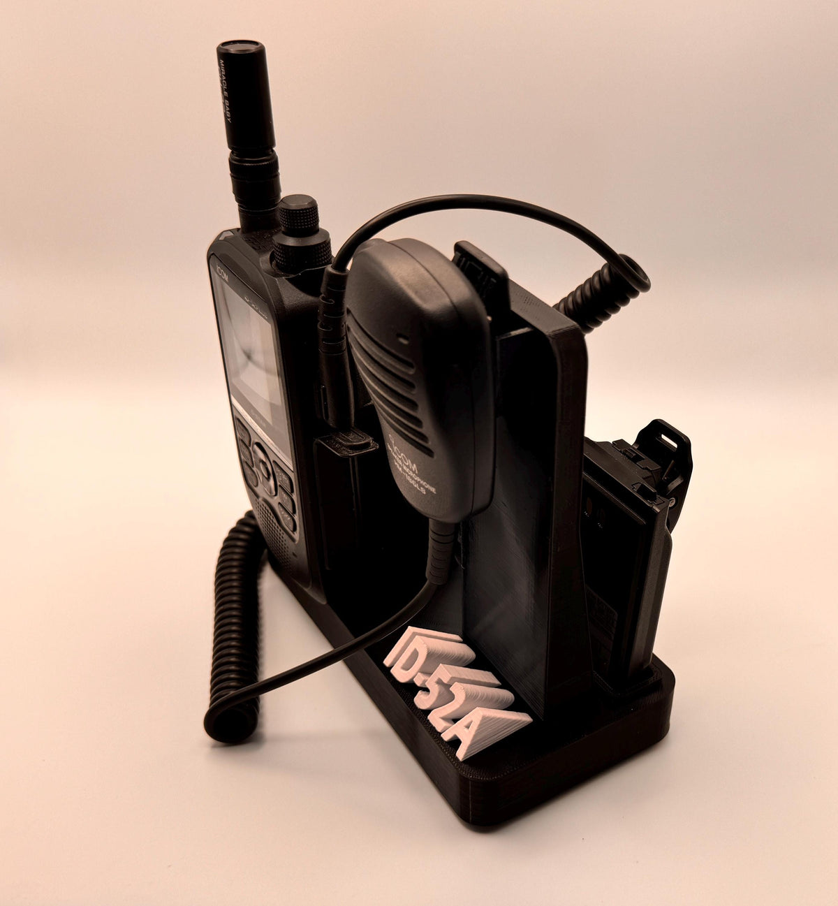 Icom ID-52 desk stand with forward-facing speaker mic – radio and mic side view