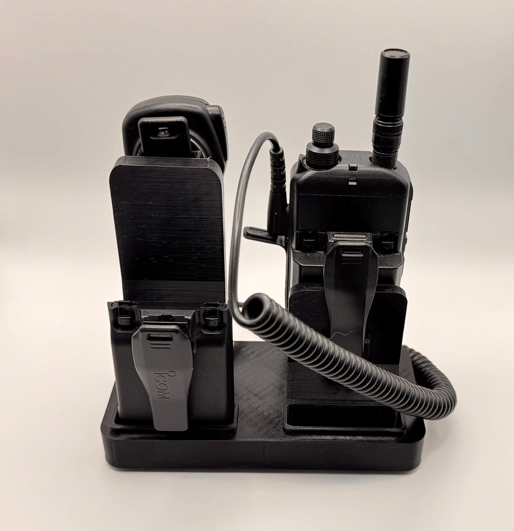 Icom ID-52 desk stand with forward-facing speaker mic – rear view with radio