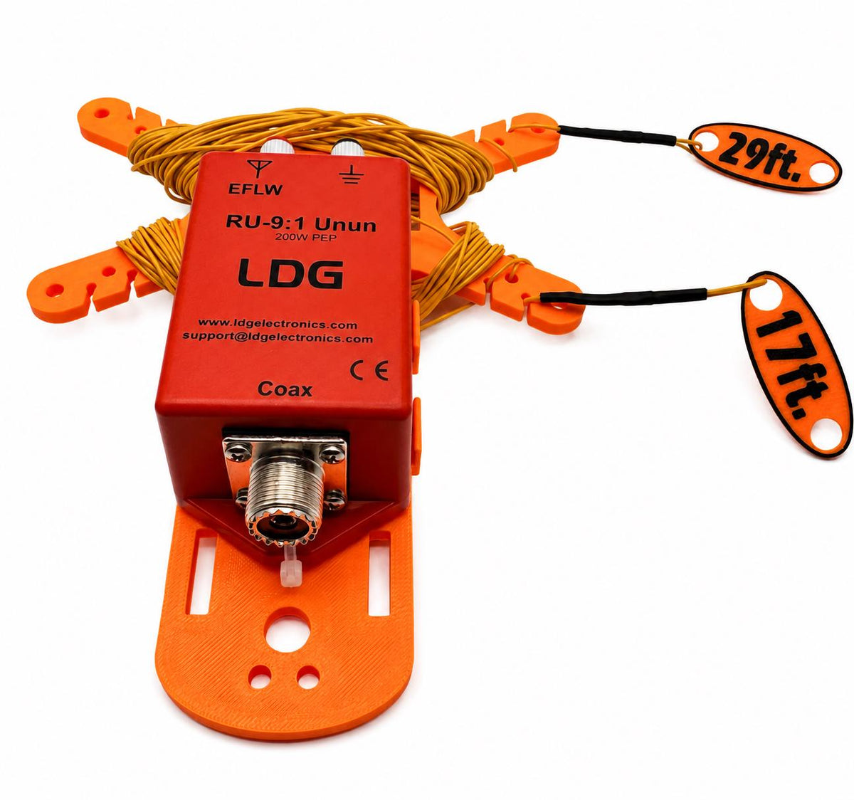 LDG balun/unun wire winder mount – unun and wire tags front view