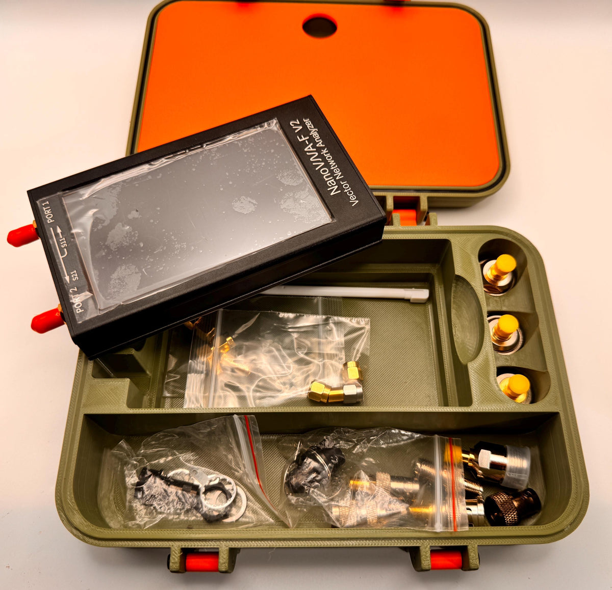 NanoVNA-F V2 case with stand – analyzer lifted from insert