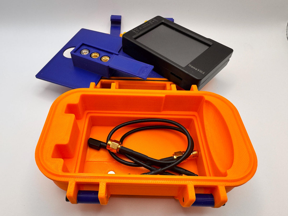 NanoVNA-H 2.8" compact case – open with NanoVNA and coax cables