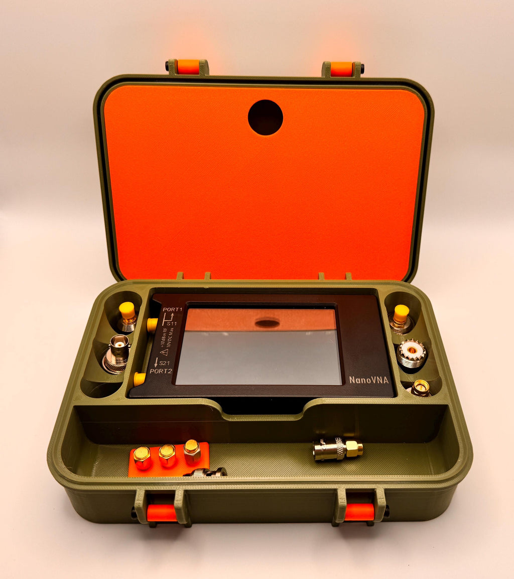 NanoVNA-H4 4" case with stand and standards keeper – open with NanoVNA-H4