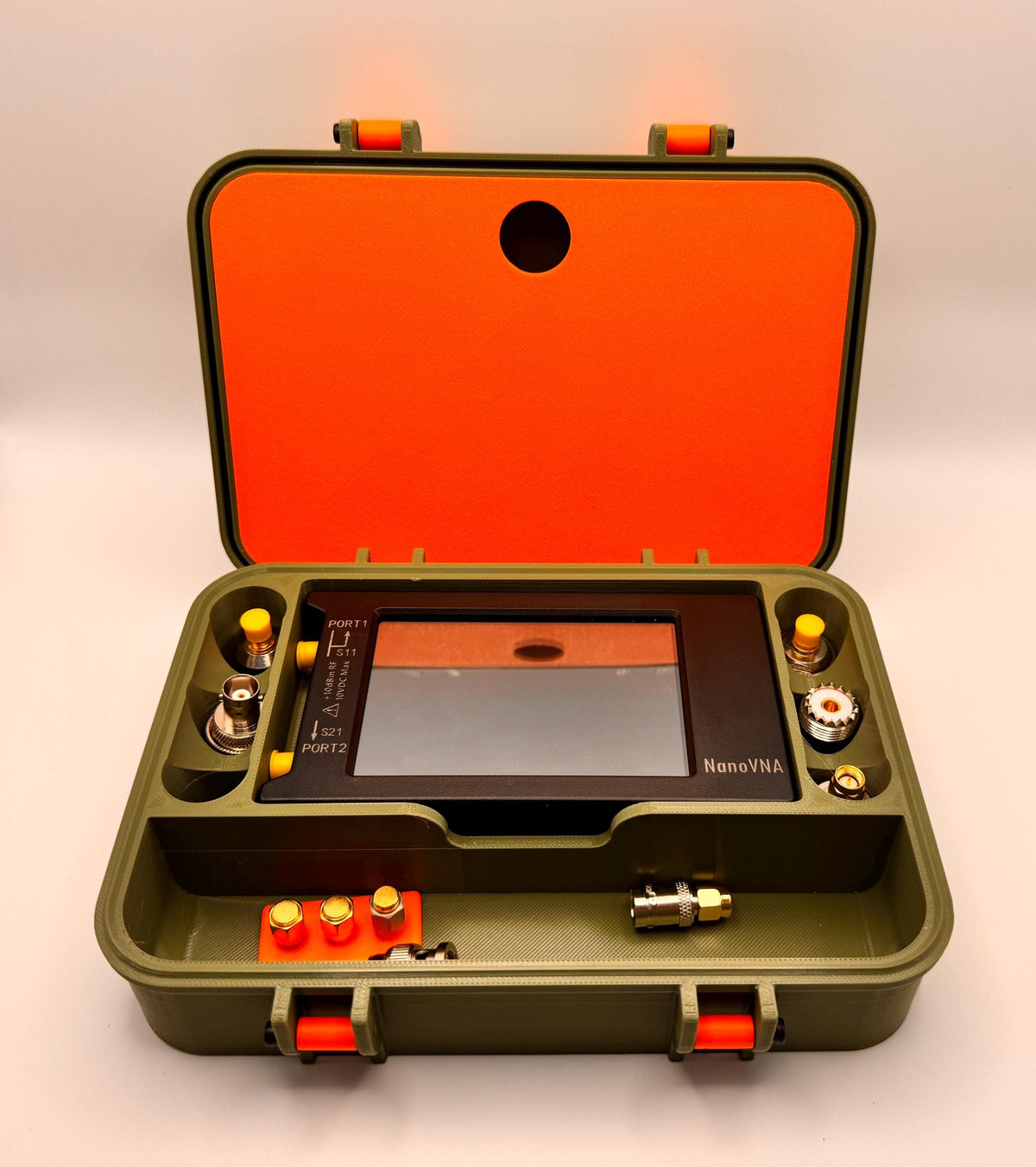 NanoVNA-H4 4" case with stand and standards keeper – open with NanoVNA-H4