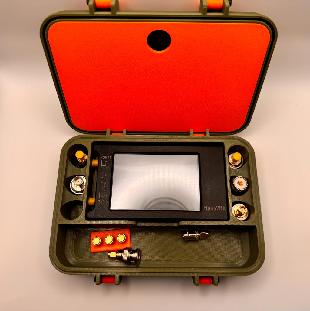 NanoVNA-H4 4" case with stand and standards keeper – open with standards