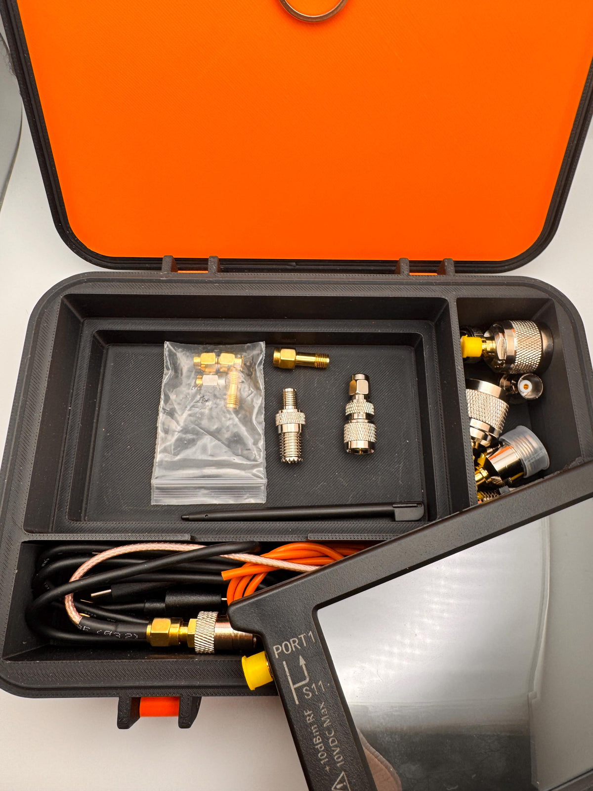 NanoVNA-H4 4" hinged protective case – analyzer and adapters in insert
