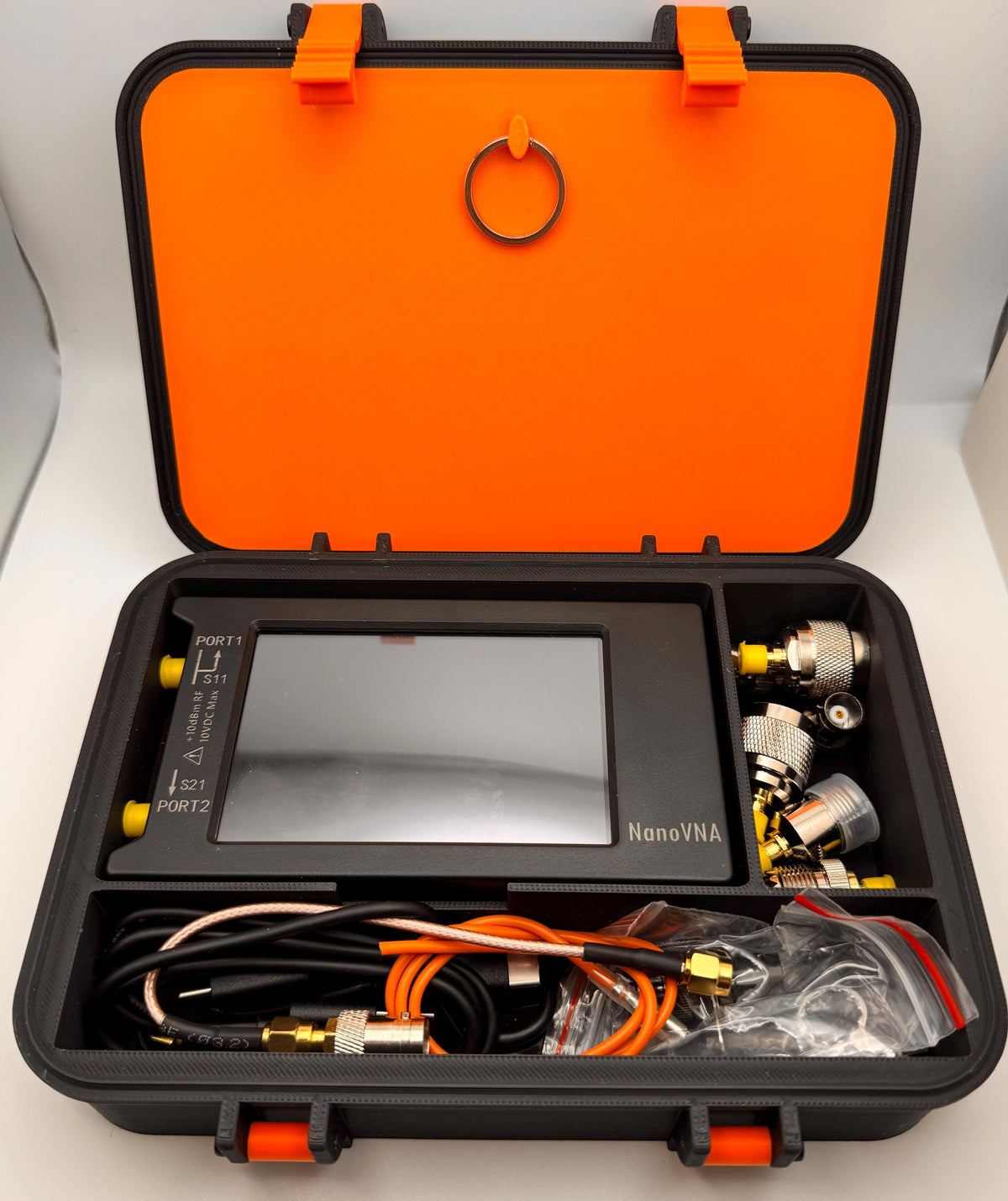 NanoVNA-H4 4" hinged protective case – open with NanoVNA-H4