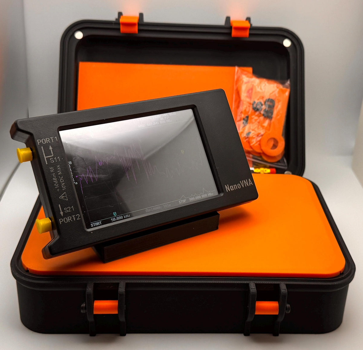 NanoVNA-H4 4" hinged protective case – open with NanoVNA in lid stand