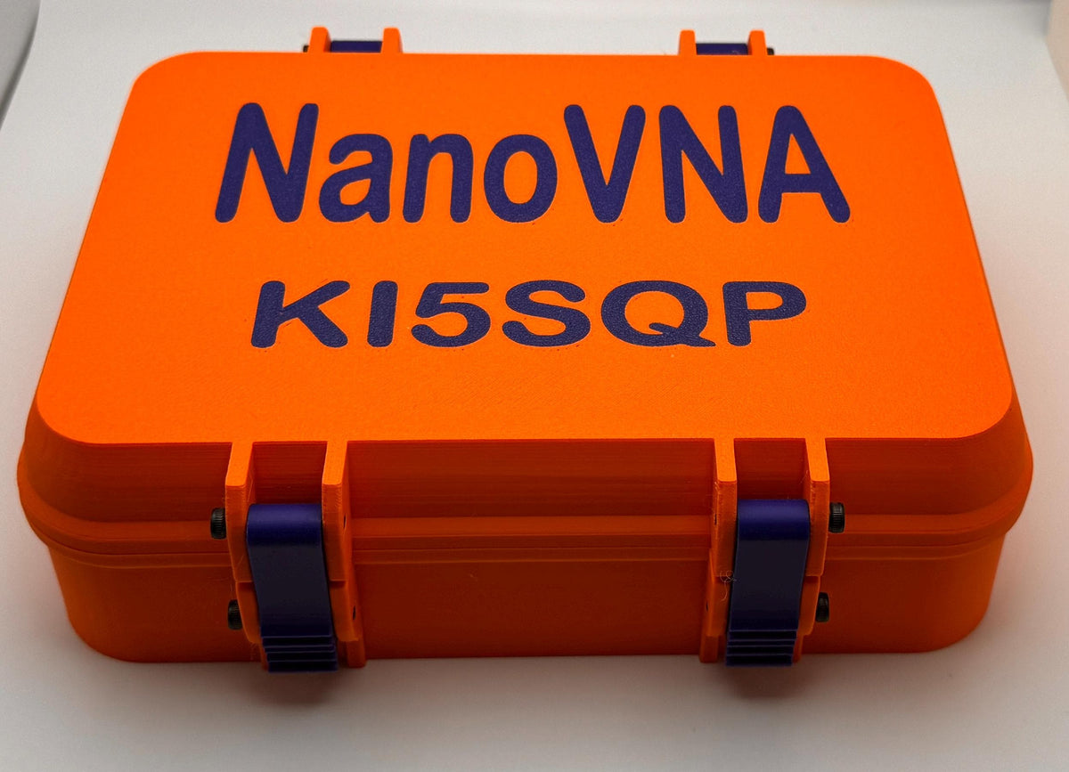 NanoVNA-H4 4" hinged protective case – orange case with blue callsign lid