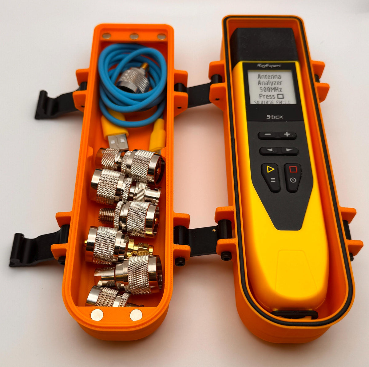 RigExpert Stick hinged protective case – open with analyzer and adapters