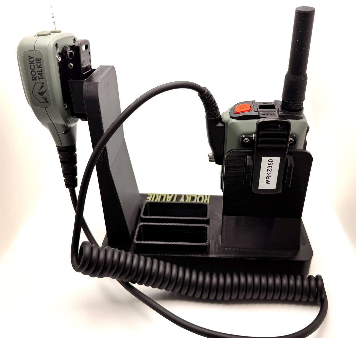 Rocky Talkie GMRS radio desk stand – rear view with mic cord