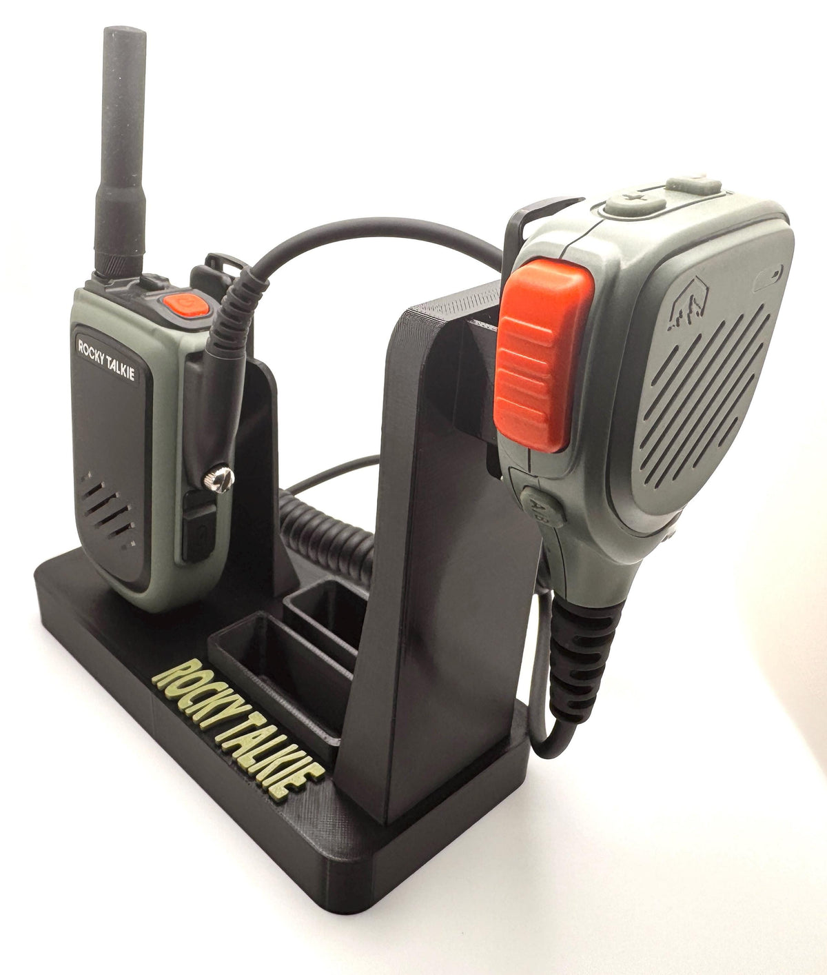 Rocky Talkie GMRS radio desk stand – side view with radio